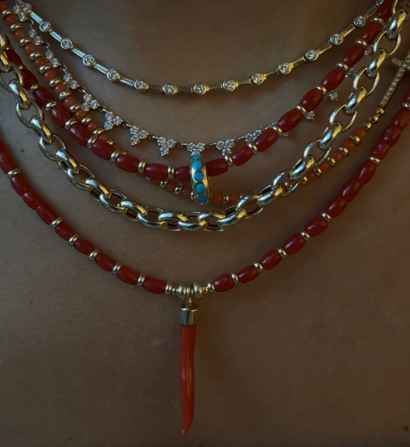 RED ITALIAN CORAL WITH 14K GOLD AND TURQUOISE SLIDER