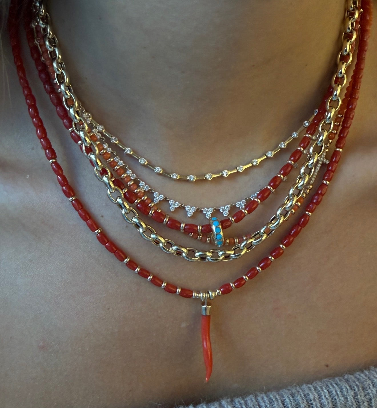 RED ITALIAN CORAL WITH 14K GOLD AND TURQUOISE SLIDER