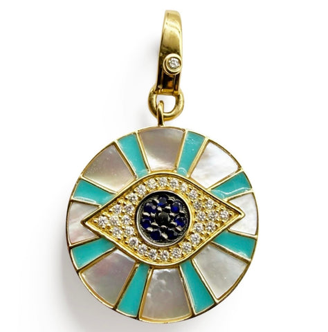 TURQUOISE, MOTHER OF PEARL 14K GOLD & DIAMOND EVIL EYE CHARM