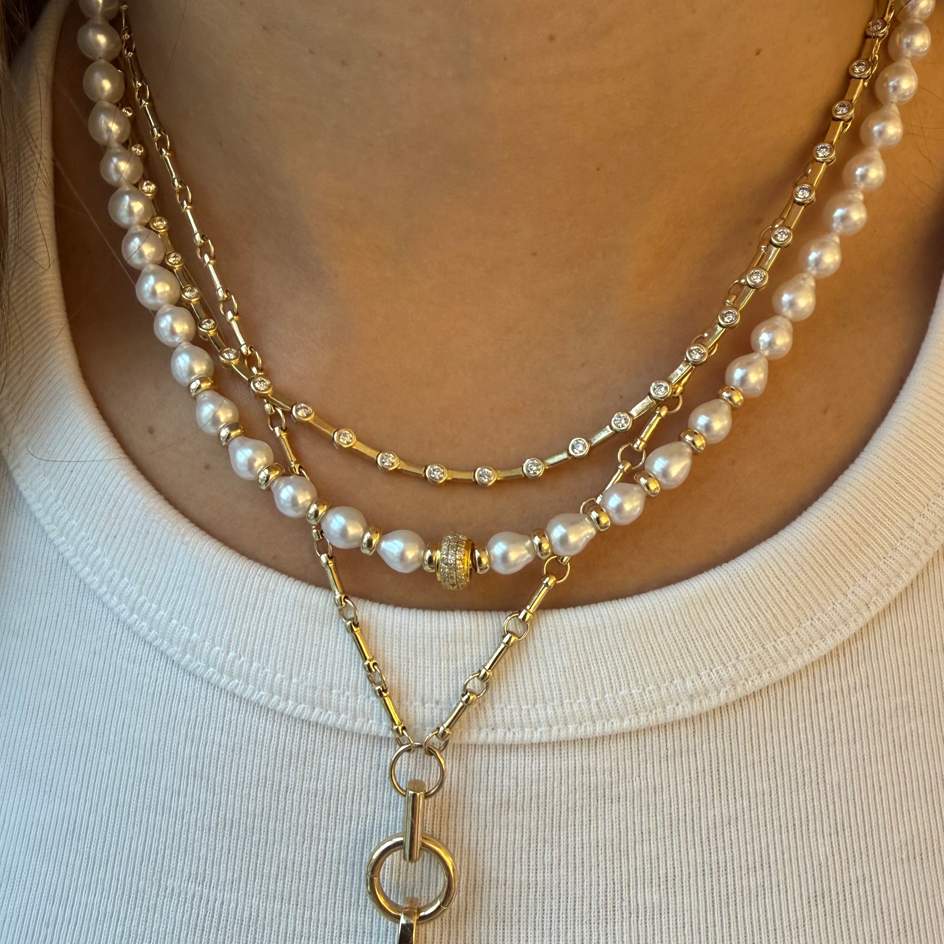 AKOYA PEARL AND 14K GOLD NECKLACE WITH DIAMOND FOCAL BEAD