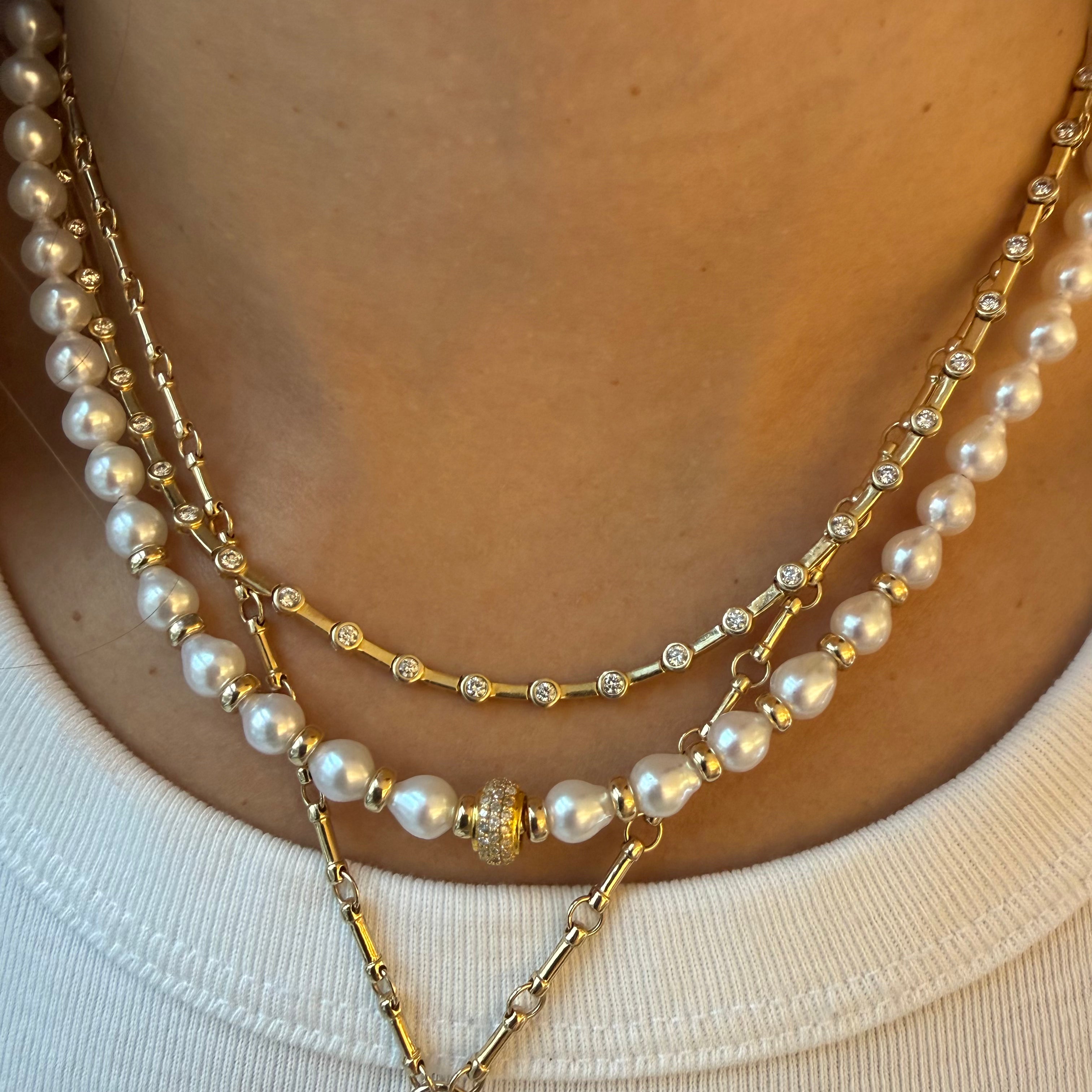 AKOYA PEARL AND 14K GOLD NECKLACE WITH DIAMOND FOCAL BEAD