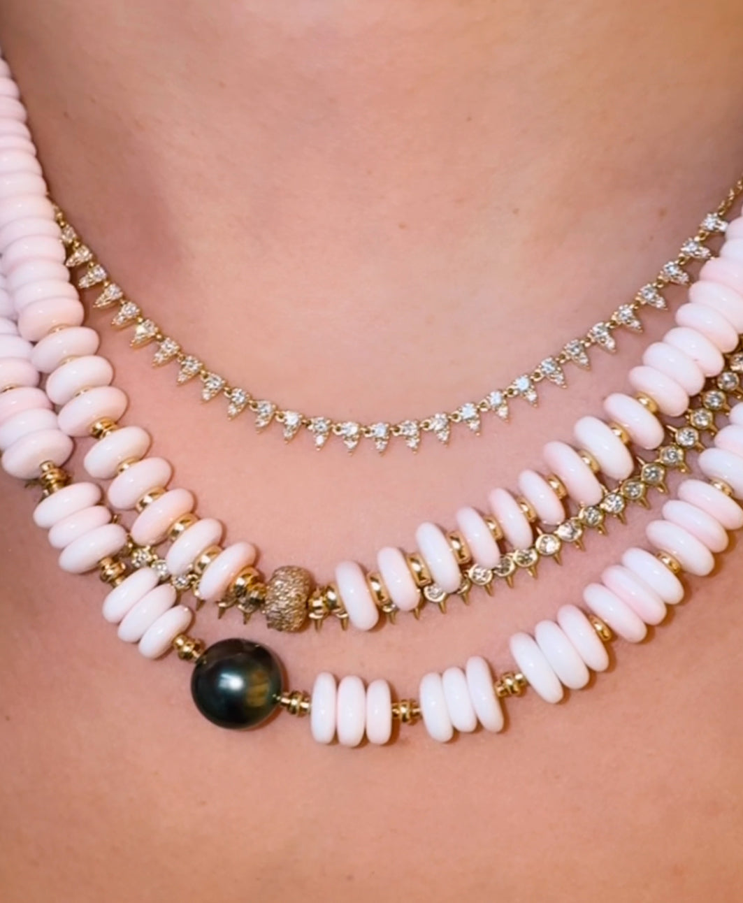 8MM PINK SHELL & 14K GOLD & DIAMOND BEAD NECKLACE