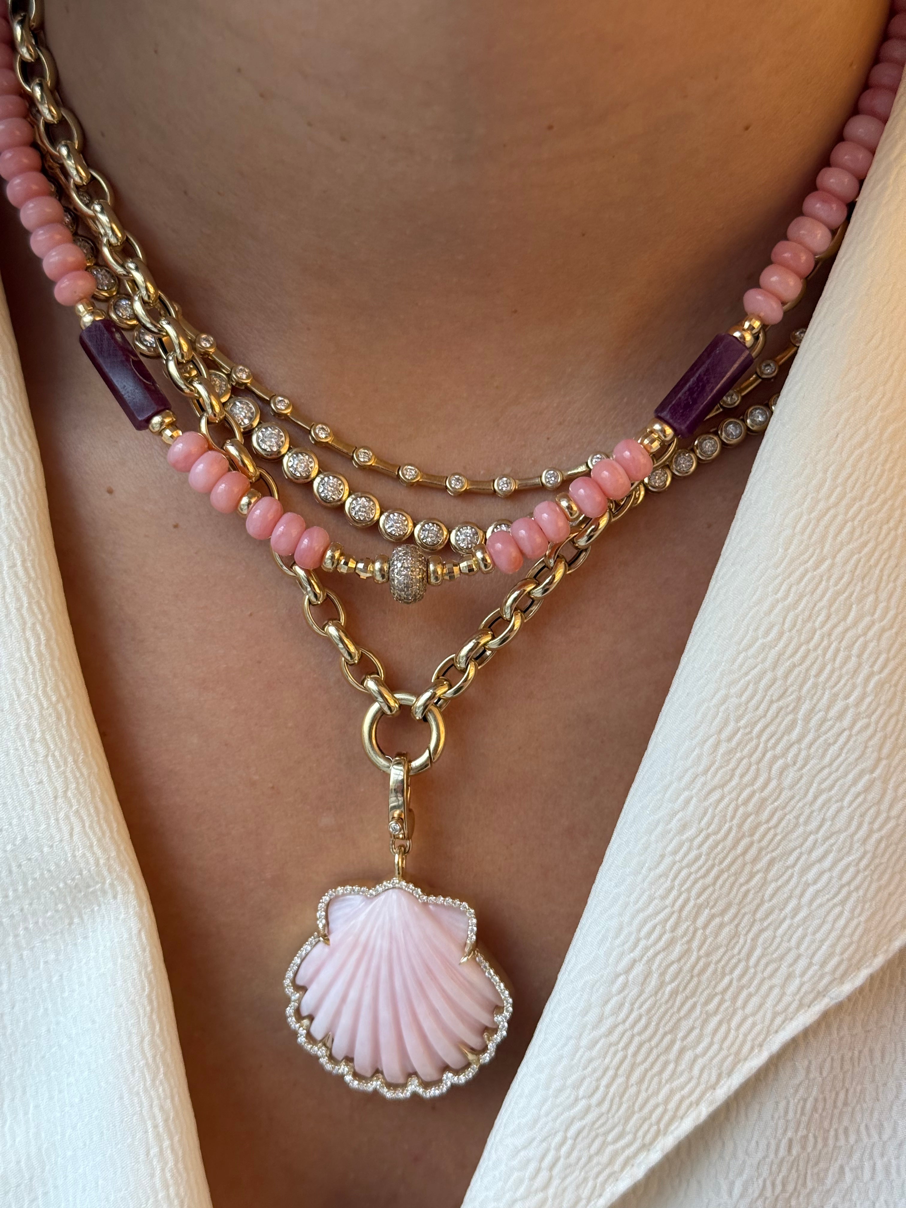 PINK OPAL , RUBY AND DIAMOND BEAD NECKLACE