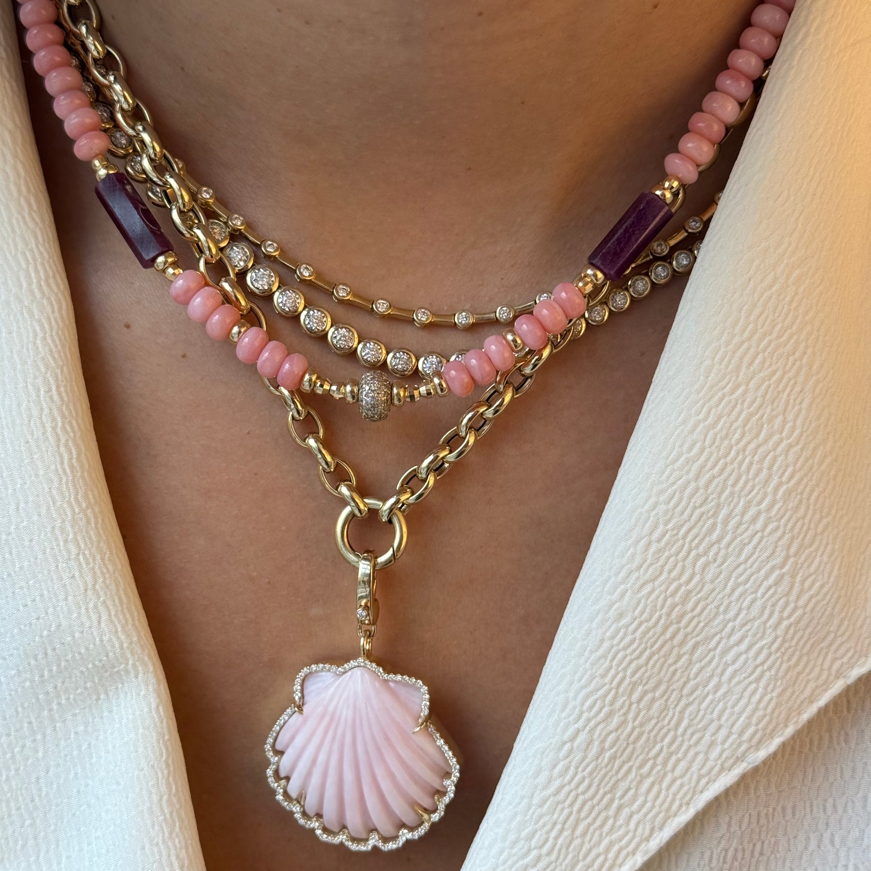 PINK OPAL , RUBY AND DIAMOND BEAD NECKLACE