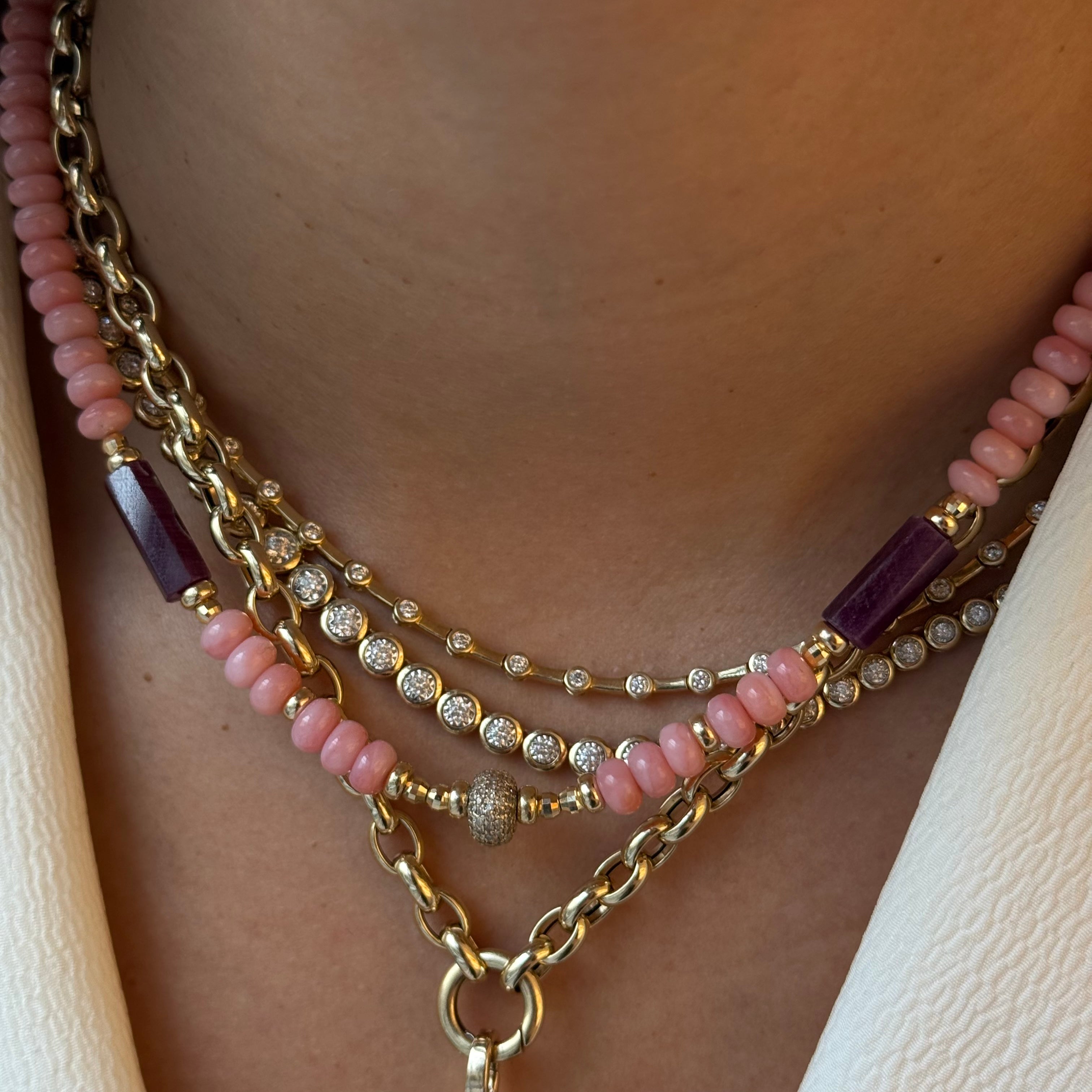 PINK OPAL , RUBY AND DIAMOND BEAD NECKLACE