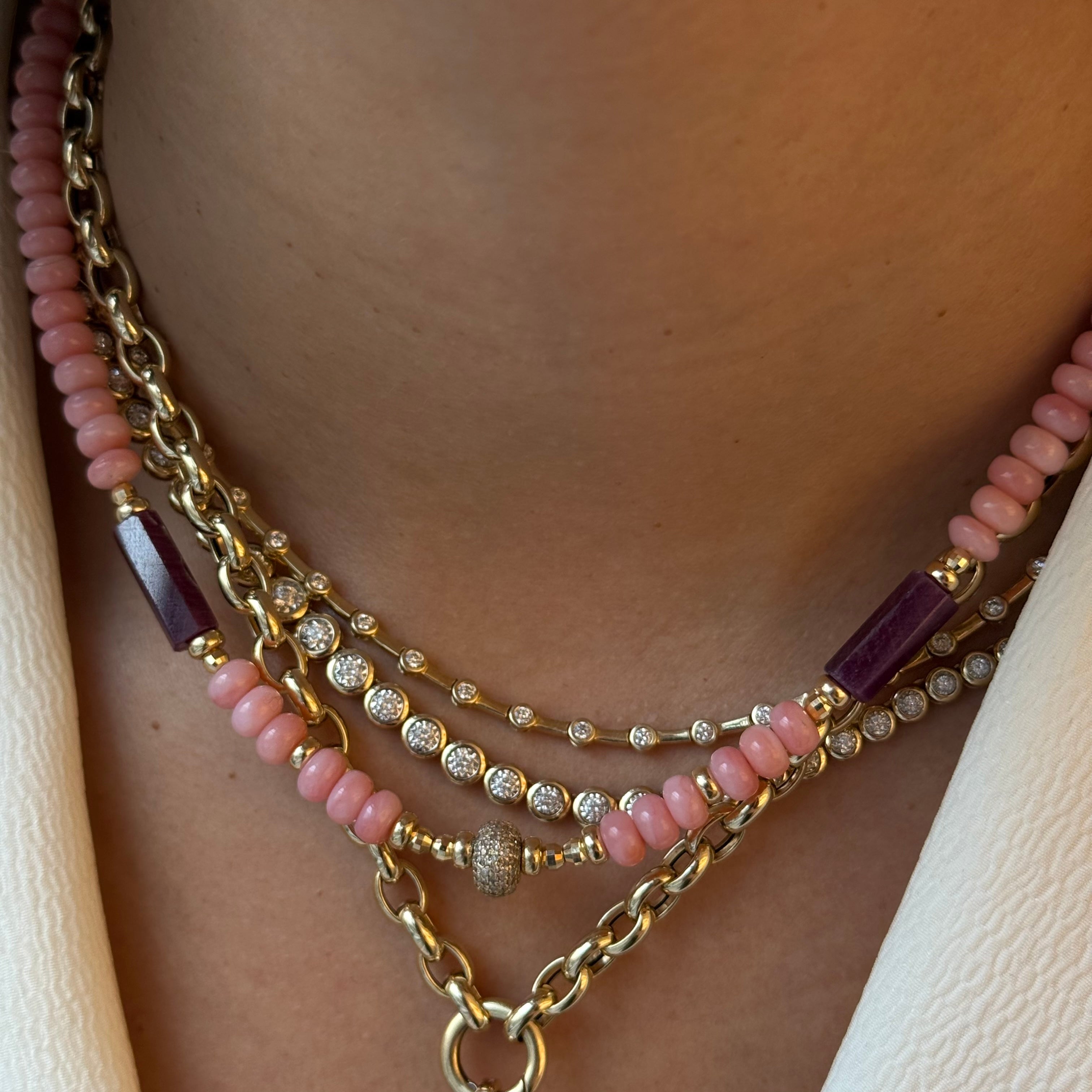 PINK OPAL , RUBY AND DIAMOND BEAD NECKLACE