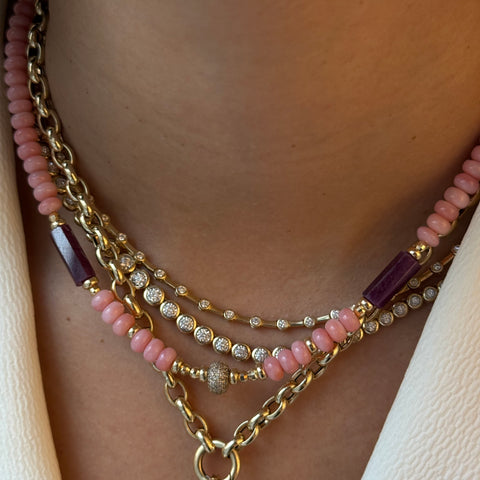PINK OPAL , RUBY AND DIAMOND BEAD NECKLACE