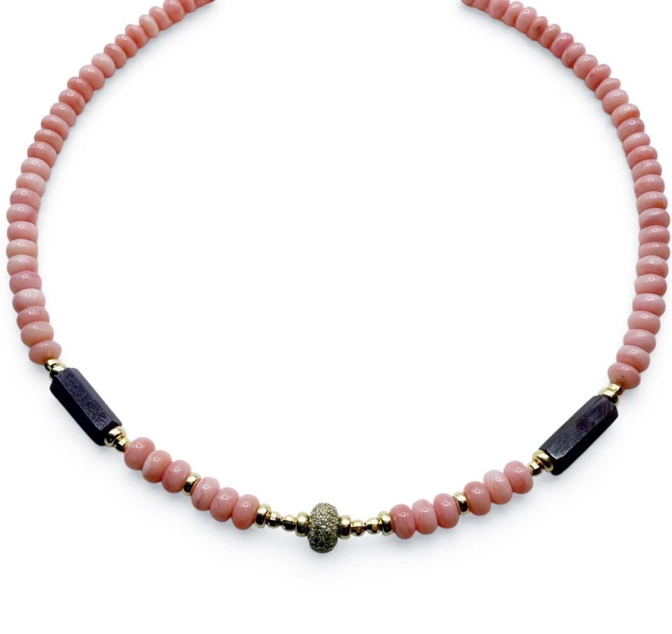 PINK OPAL , RUBY AND DIAMOND BEAD NECKLACE