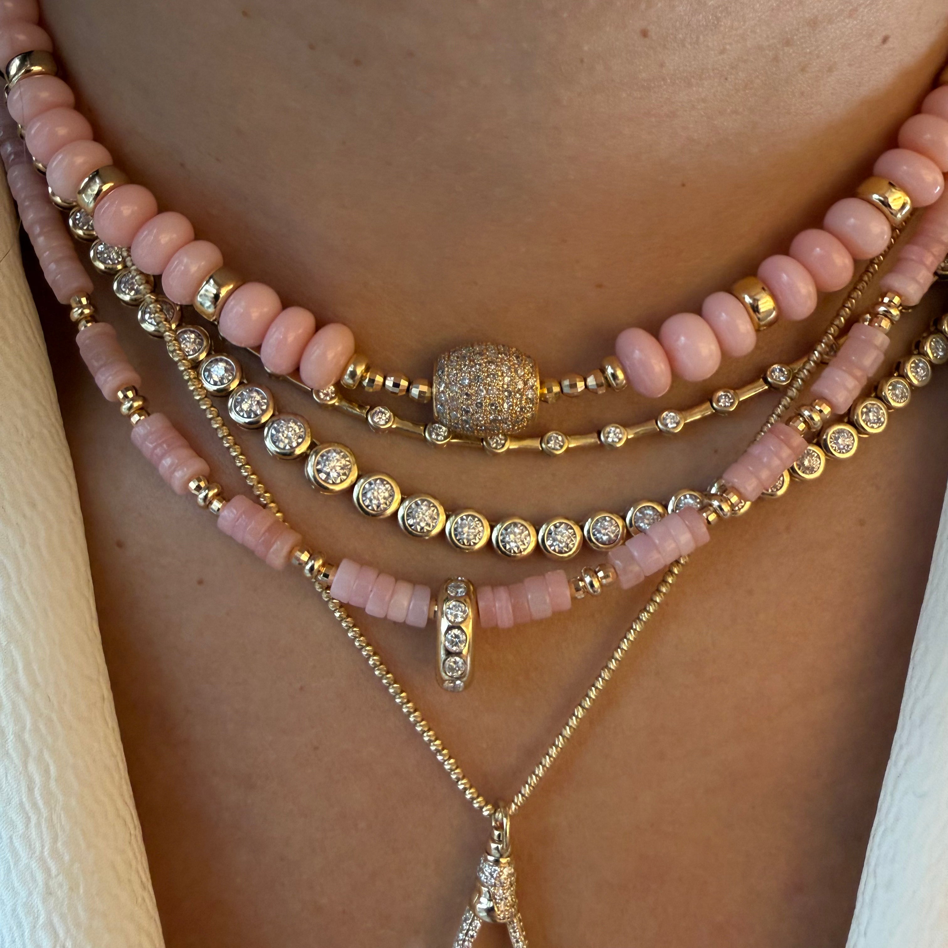 PINK OPAL AND GOLD NECKLACE WITH DIAMOND SLIDER BEAD