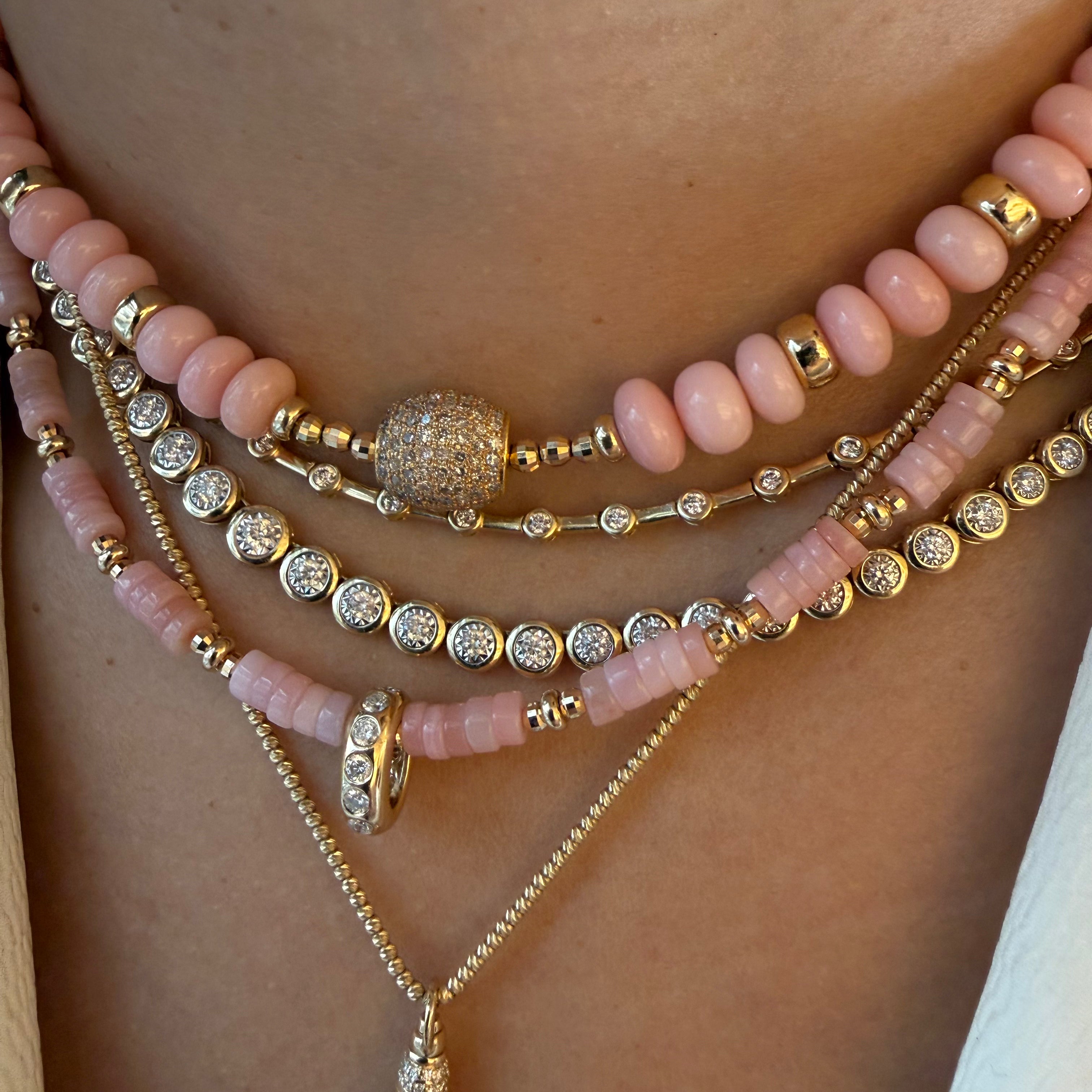 PINK OPAL AND GOLD NECKLACE WITH DIAMOND SLIDER BEAD