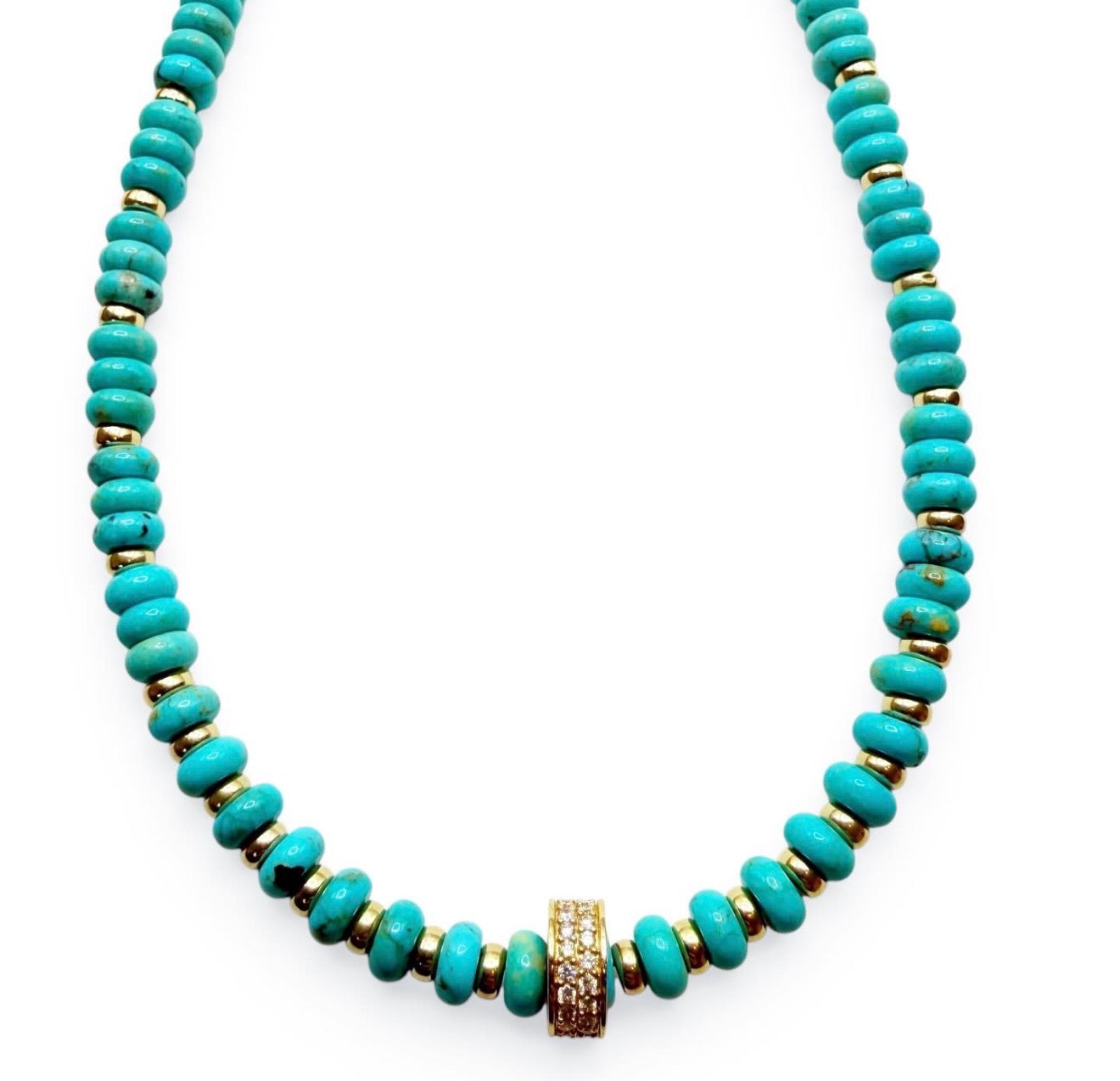 BLUE TURQUOISE AND DIAMOND RONDELLE NECKLACE