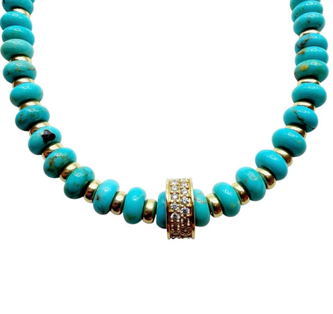 BLUE TURQUOISE AND DIAMOND RONDELLE NECKLACE