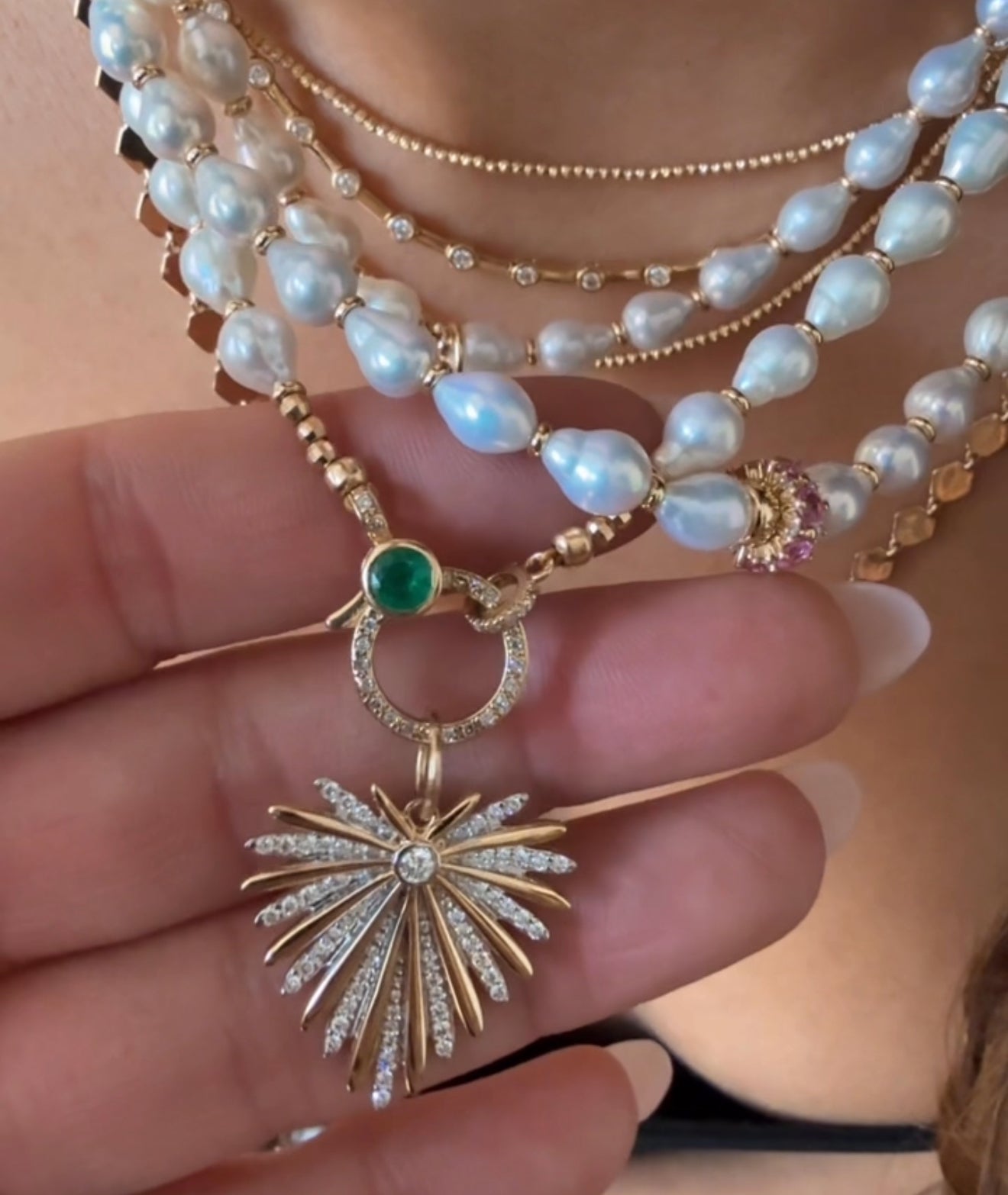 WHITE AKOYA PEARL NECKLACE WITH 14K DIAMOND AND EMERALD FRONT FACING CLASP