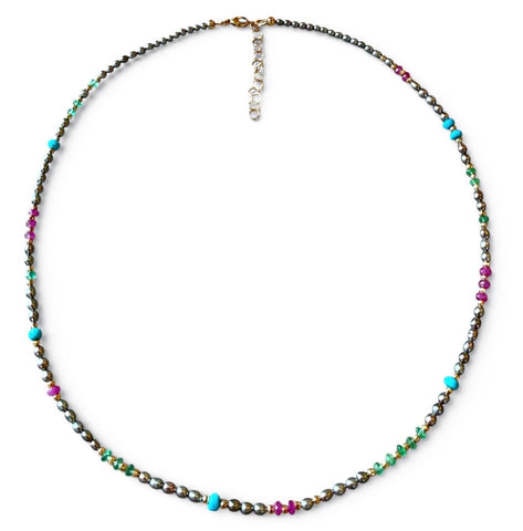 THE BABY TAHITIAN ANTIQUITY NECKLACE WITH EMERALD RUBY AND TURQUOISE