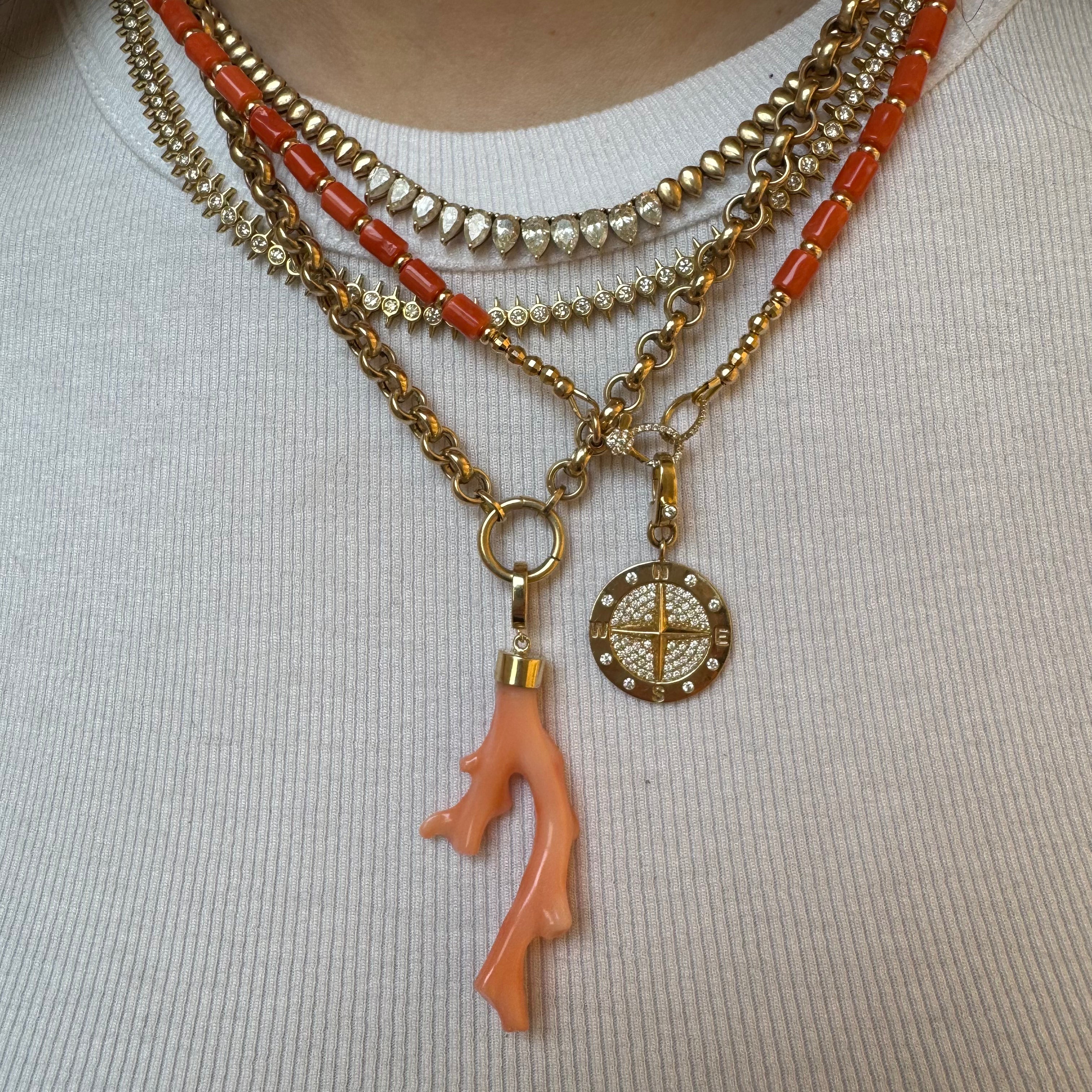ORANGE VINTAGE CORAL NECKLACE WITH 14K GOLD AND DIAMOND FRONT CLASP