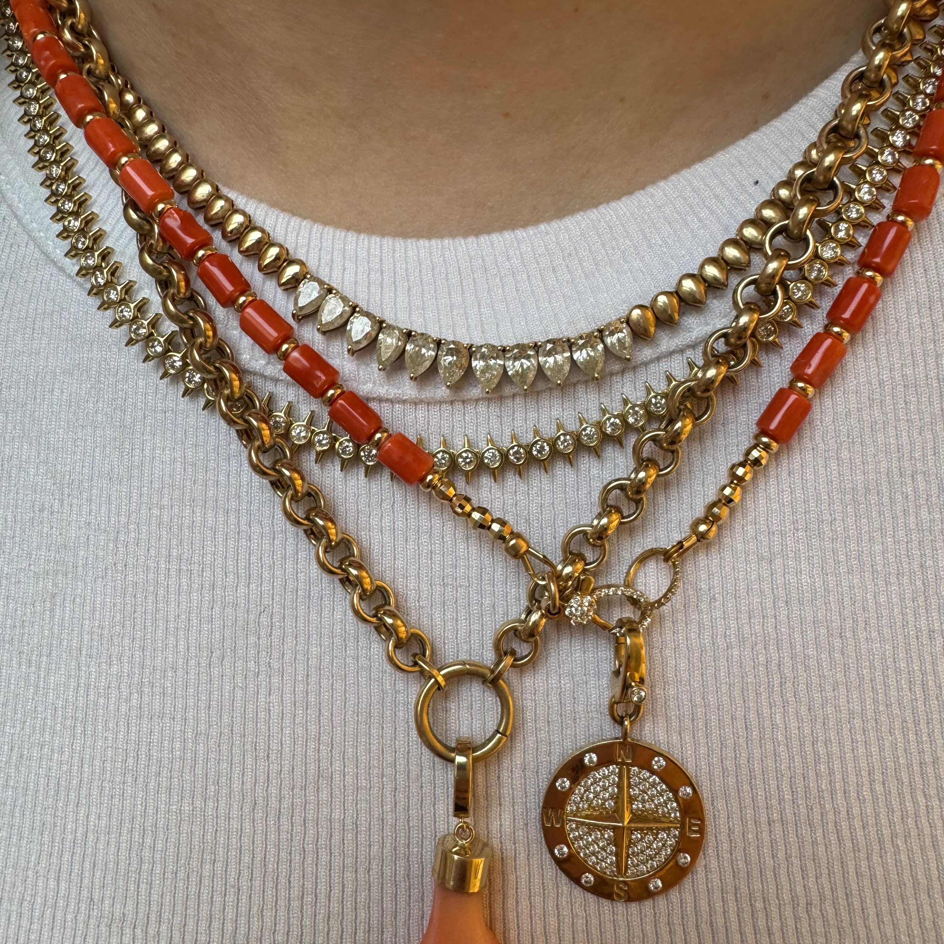ORANGE VINTAGE CORAL NECKLACE WITH 14K GOLD AND DIAMOND FRONT CLASP