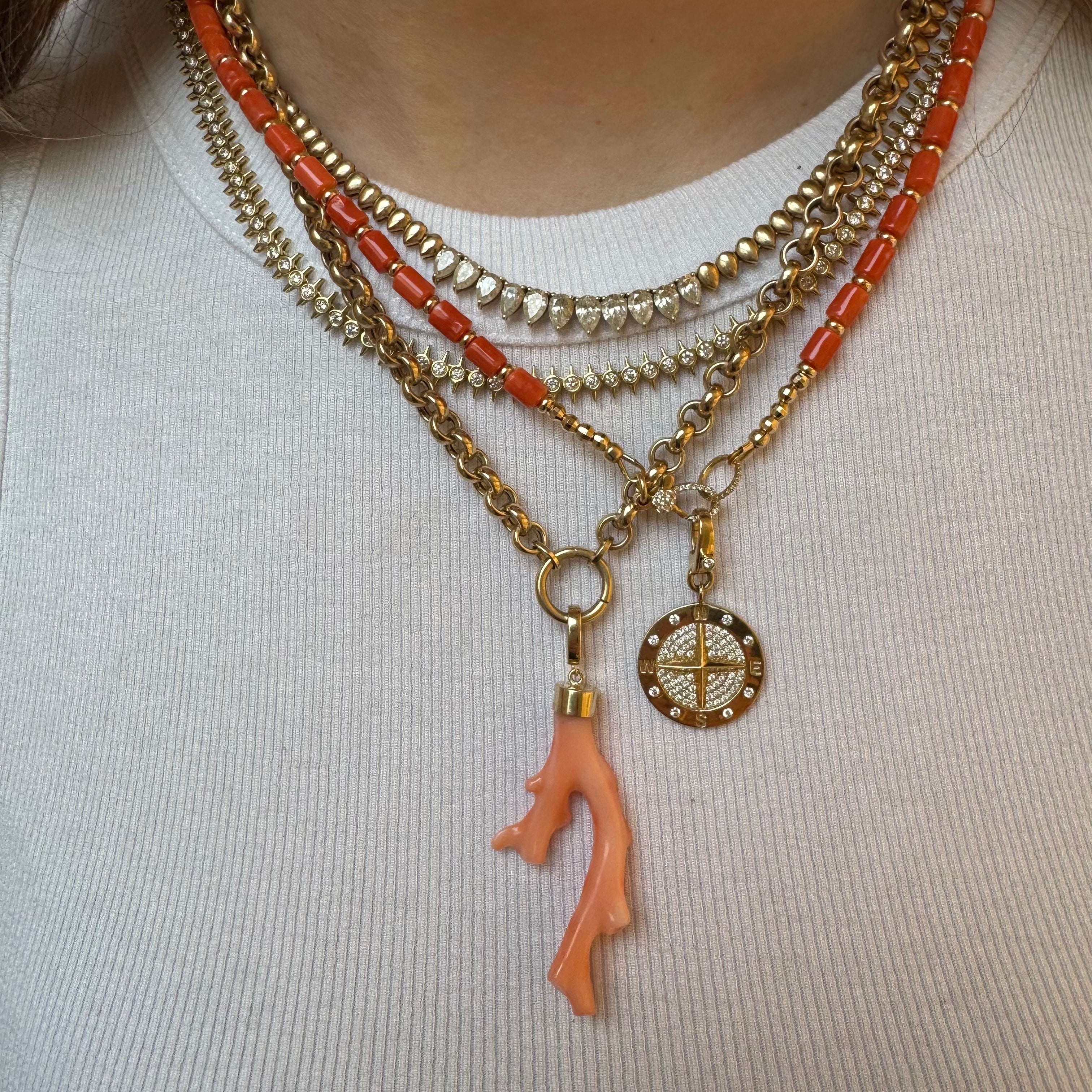 ORANGE VINTAGE CORAL NECKLACE WITH 14K GOLD AND DIAMOND FRONT CLASP