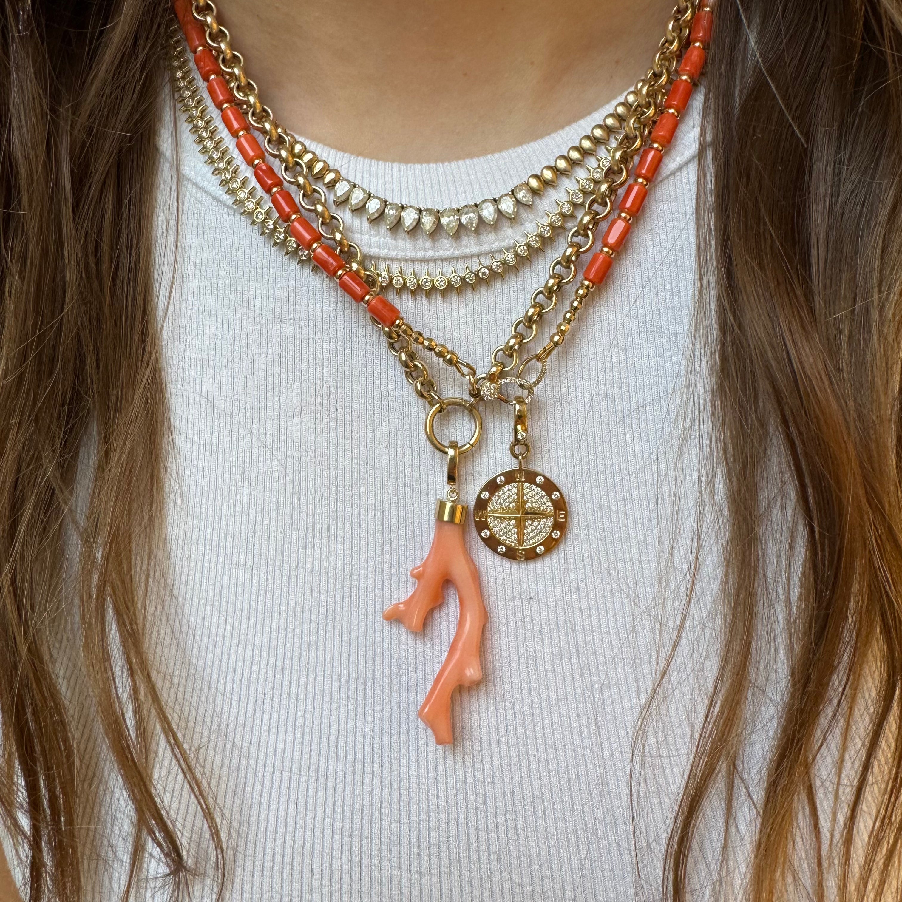 ORANGE VINTAGE CORAL NECKLACE WITH 14K GOLD AND DIAMOND FRONT CLASP