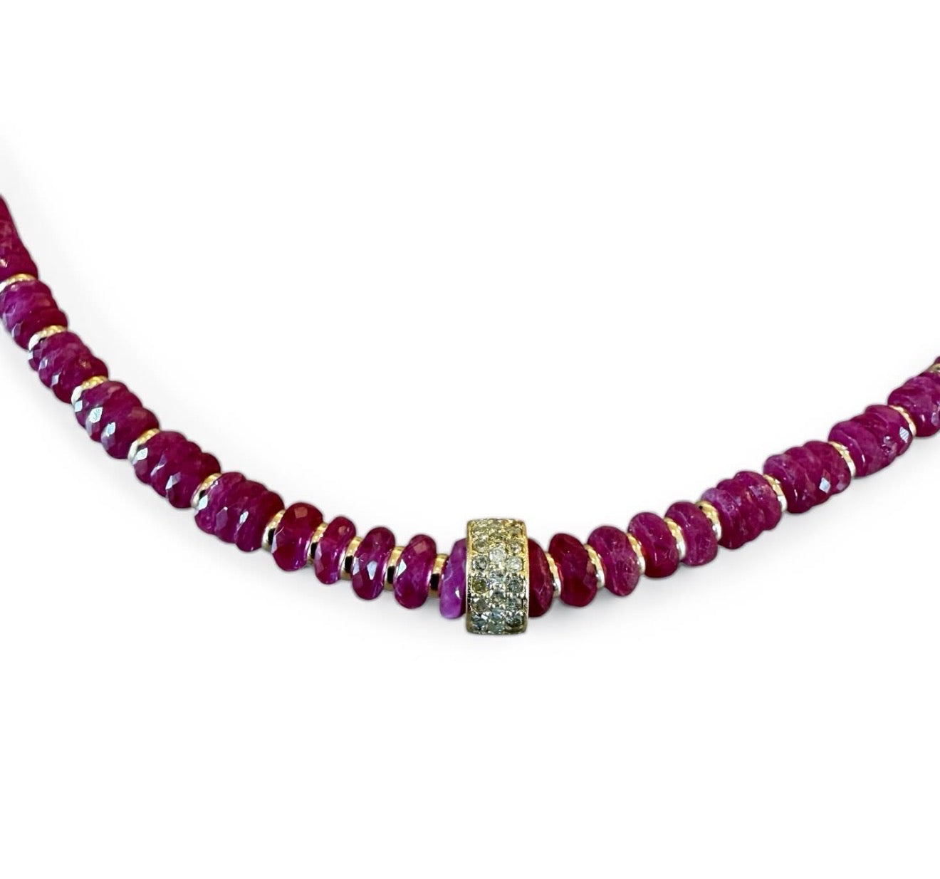 PINK SAPPHIRE HEISHI CUT NECKLACE WITH DIAMOND RONDELLE BEAD