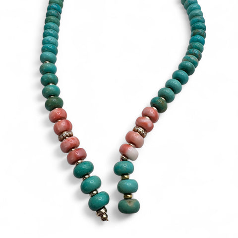 TURQUOISE & CORAL AND DIAMOND BEAD NECKALCE