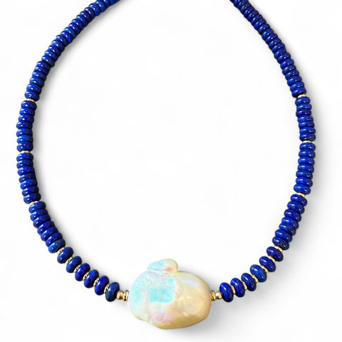 LAPIS NECKLACE WITH BAROQUE PEARL