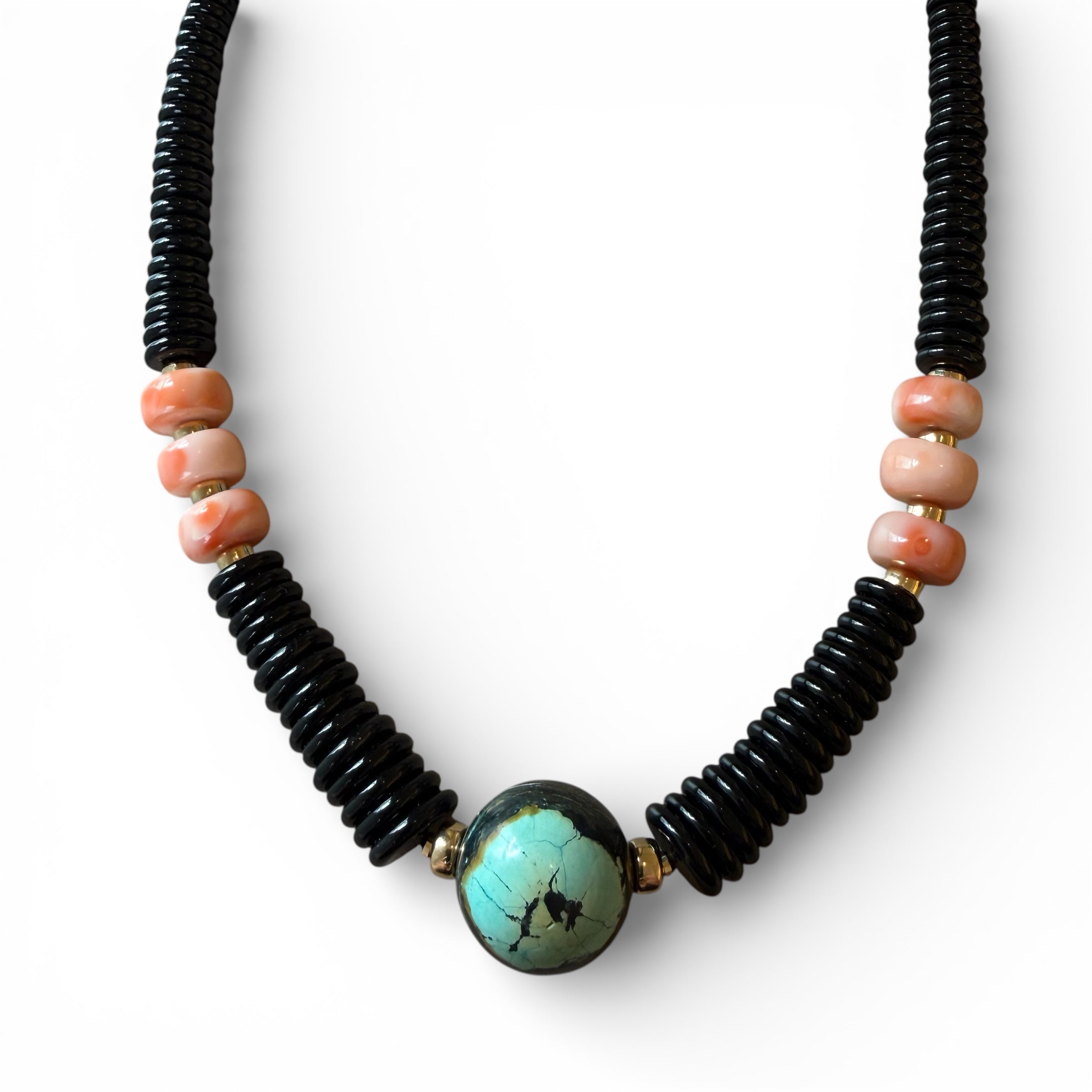 BLACK SPINEL TURQUOISE AND CORAL GEMSTONE NECKLACE. ONE OF A KIND