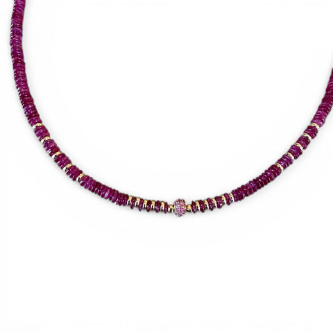 RUBY NECKLACE WITH RUBY AND GOLD FOCAL BEAD