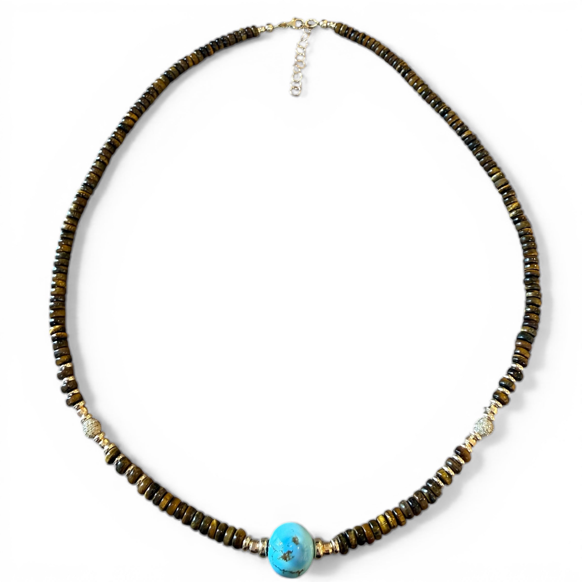 TIGERS EYE, TURQUOISE AND DIAMOND BEAD NECKLACE