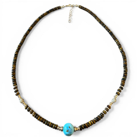 TIGERS EYE, TURQUOISE AND DIAMOND BEAD NECKLACE