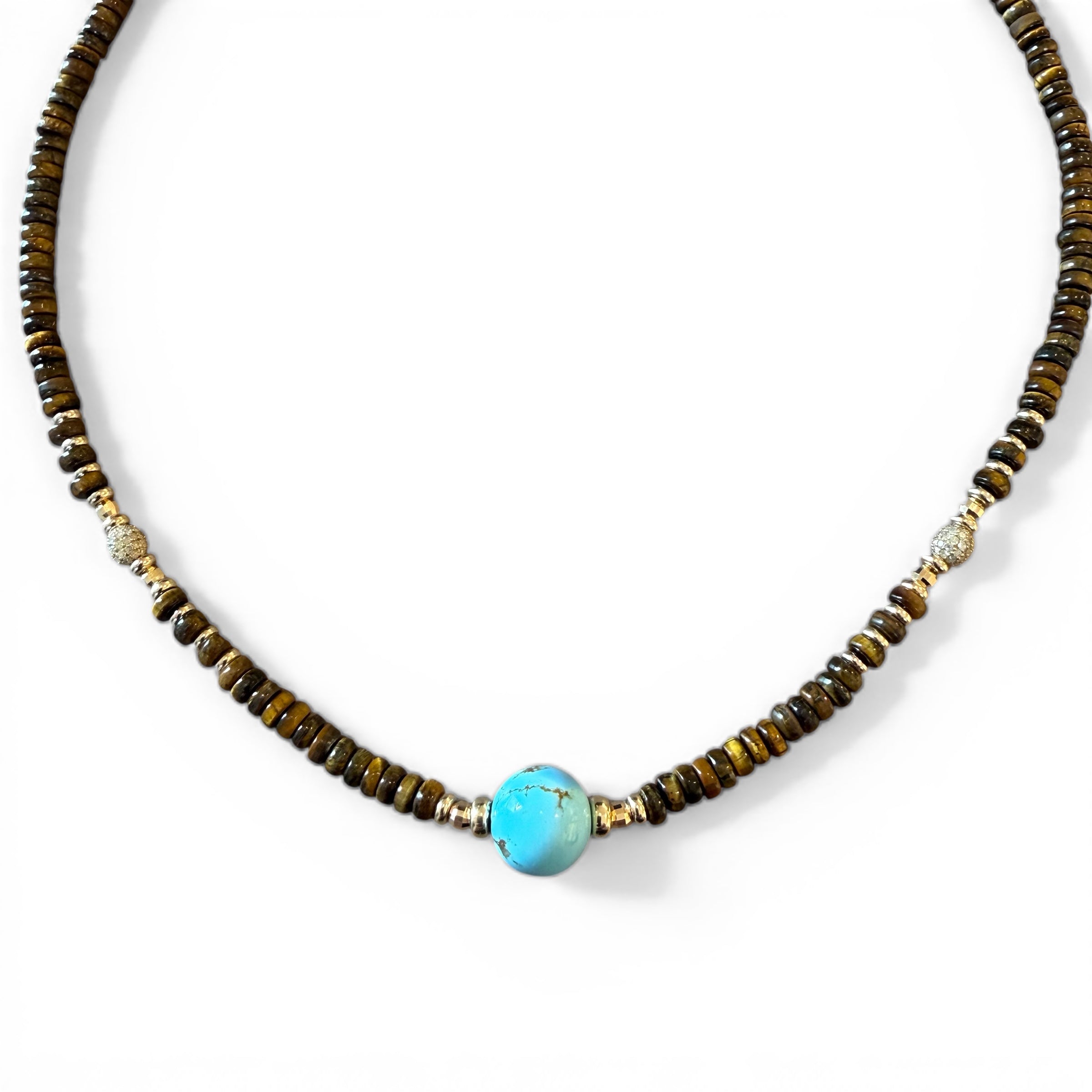 TIGERS EYE, TURQUOISE AND DIAMOND BEAD NECKLACE