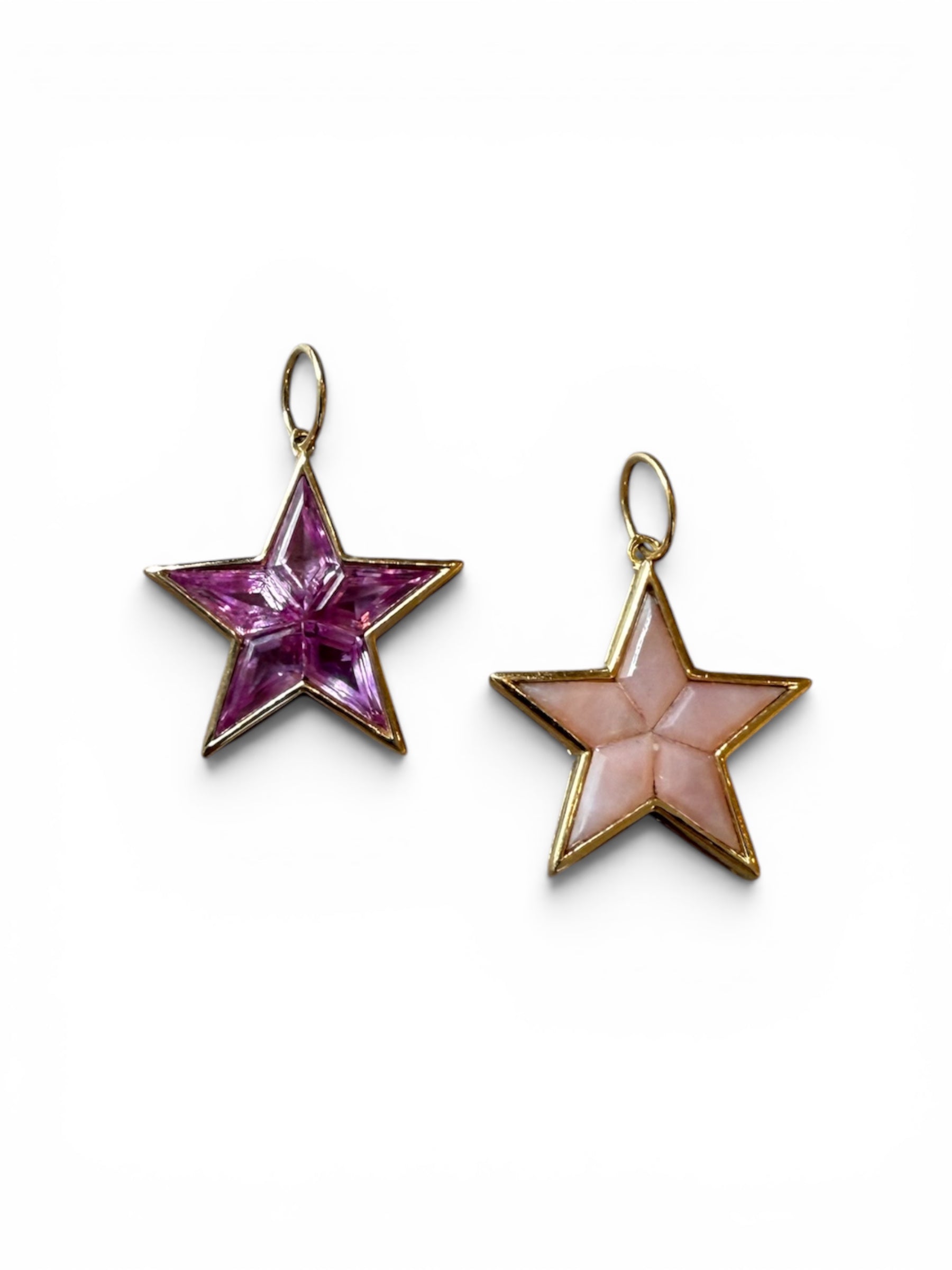 PINK STAR CHARMS SET IN 14K GOLD. PINK TOPAZ OR PINK OPAL