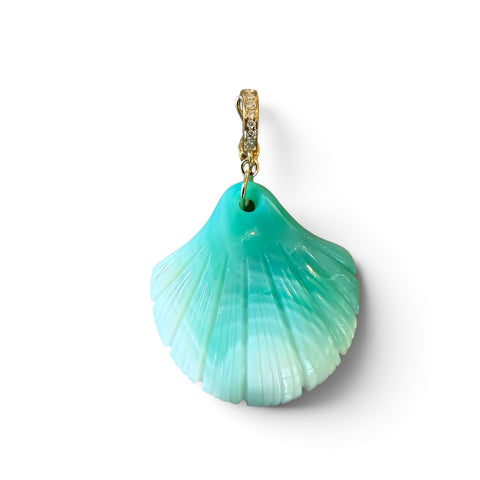 LAGUNA AGATE CARVED SHELL WITH 14K GOLD AND DIAMOND CLIP BAIL