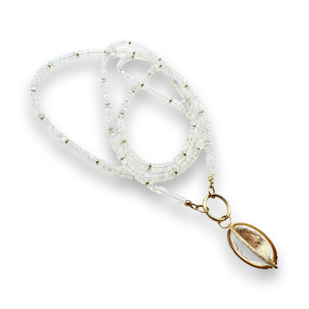 DOUBLE WRAP RAINBOW MOONSTONE NECKLACE WITH CHARM HOLDER