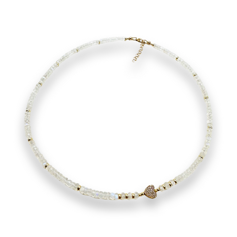 RAINBOW MOONSTONE NECKLACE WITH 14K GOLD & DIAMOND HEART