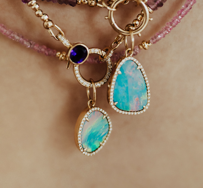 OPAL AMULETS WITH DIAMONDS SET IN 14K