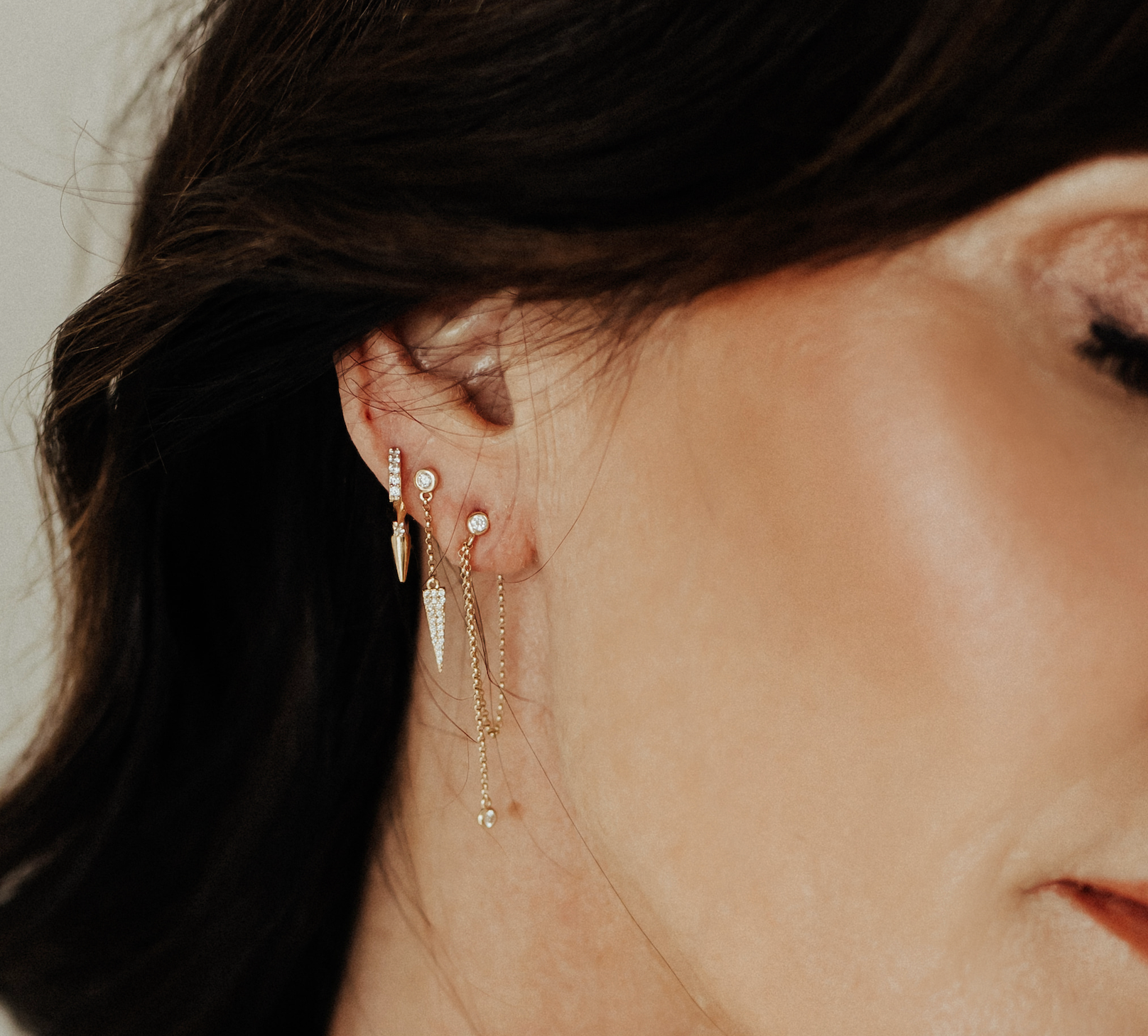 14K GOLD BEZEL DIAMOND CHAIN EARRINGS