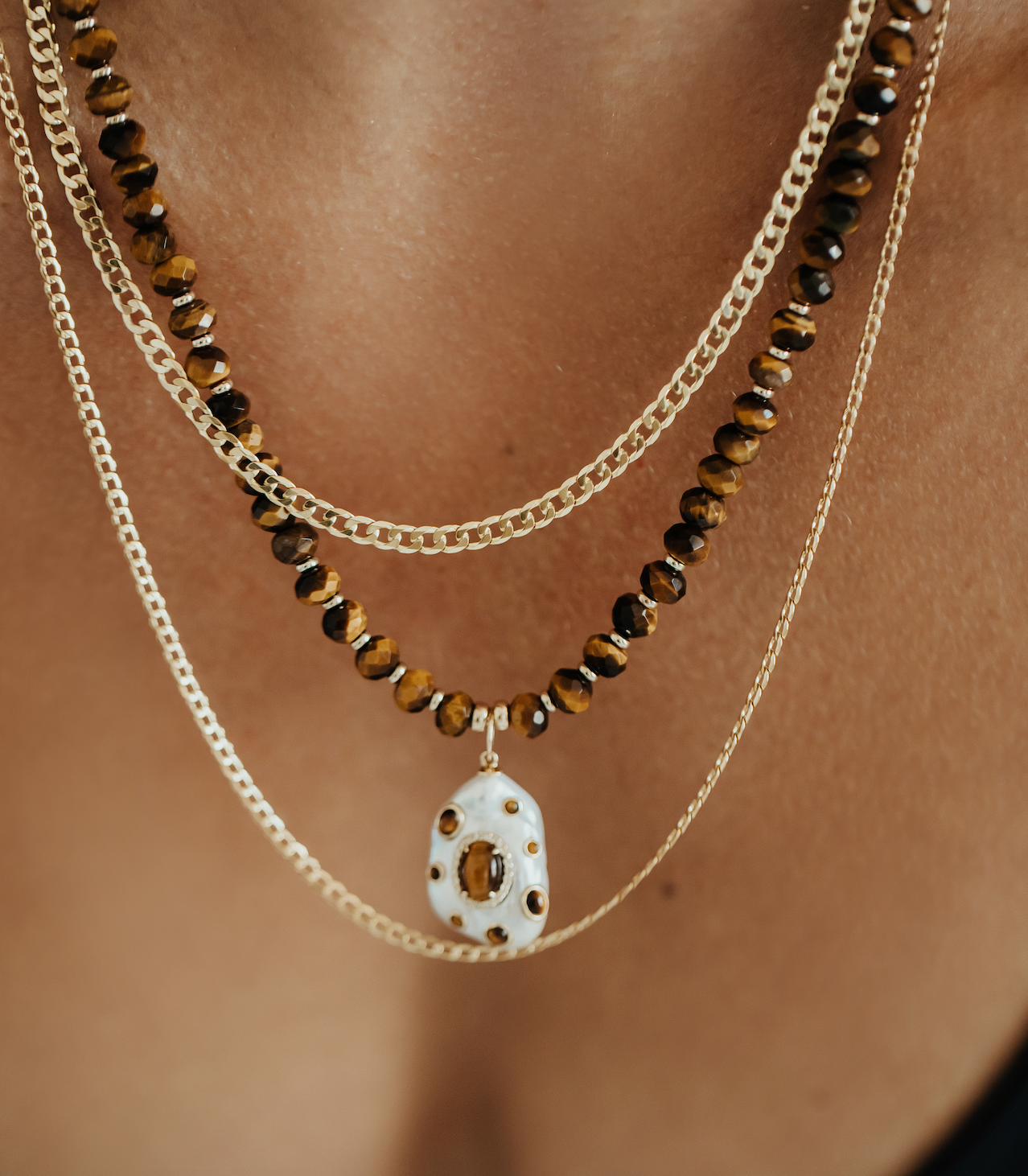 14K GOLD AND DIAMOND TIGER EYE NECKLACE