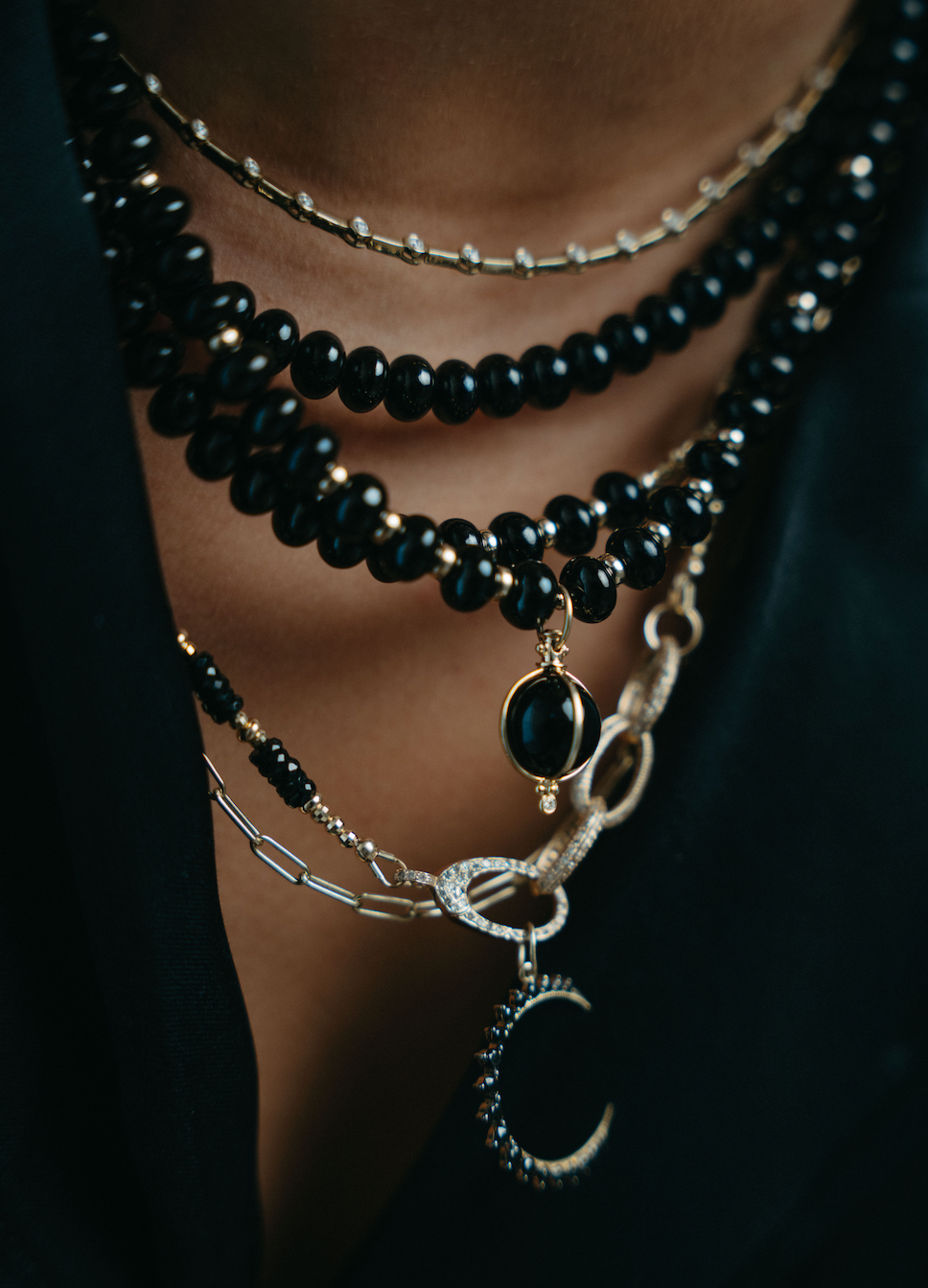 BLACK SPINEL AND DIAMOND LINK NECKLACE
