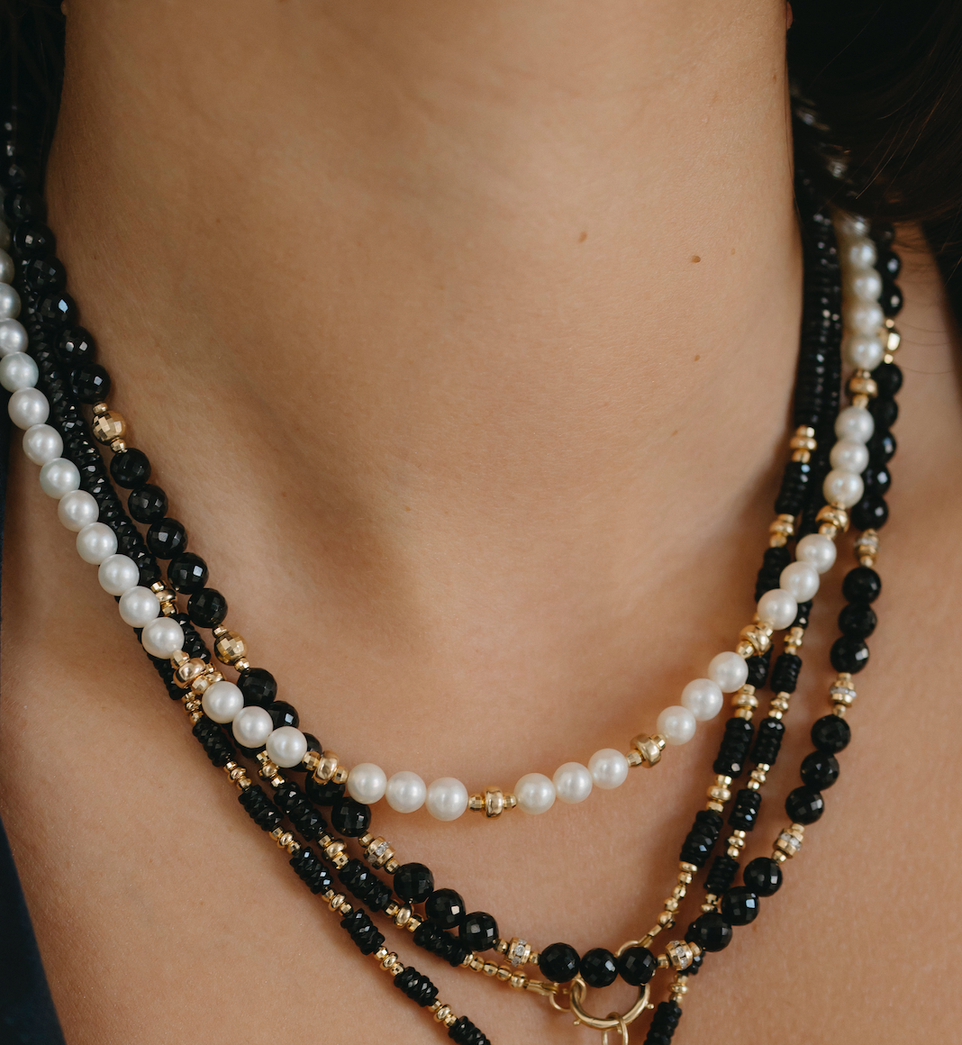 BLACK SPINEL FACETED BEADED NECKLACE WITH 14K GOLD AND DIAMOND BEADS