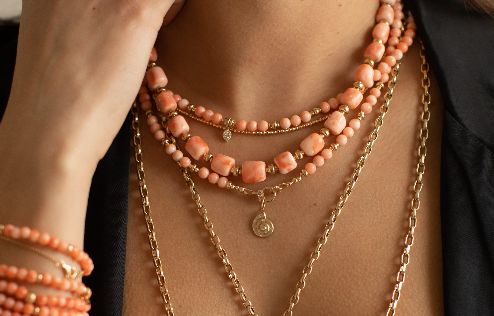CORAL BEADED CHARM NECKLACES