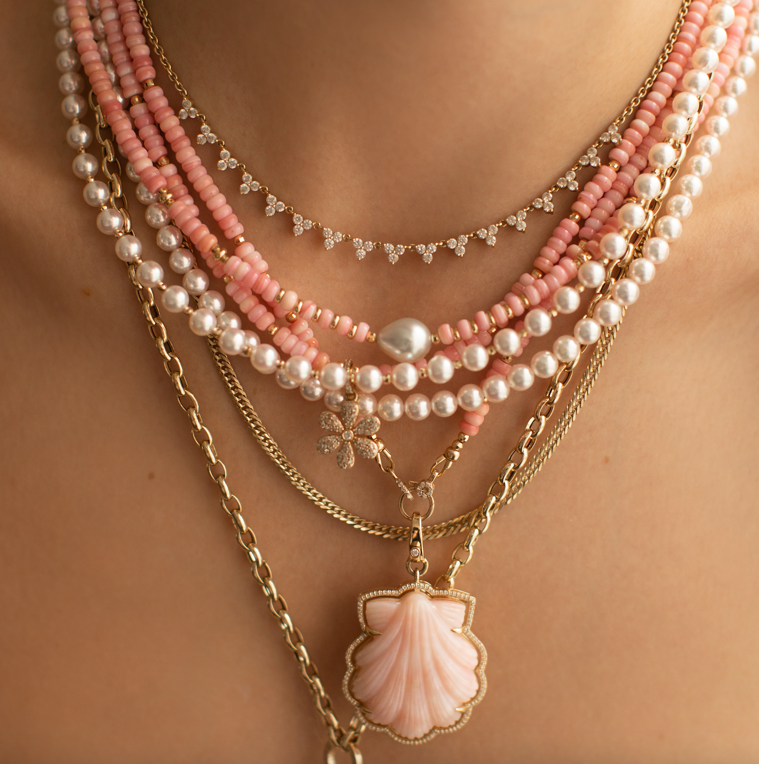 PINK SHELL AND TAHITIAN PEARL NECKLACES