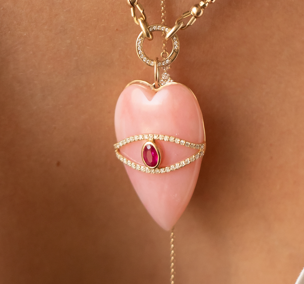 14k GOLD PINK OPAL & DIAMOND NECKLACE WITH PINK SAPPHIRE