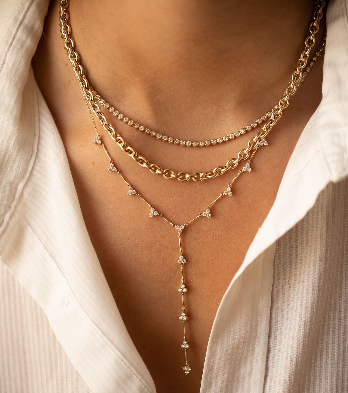 14K GOLD AND CLUSTER DIAMOND LARIAT