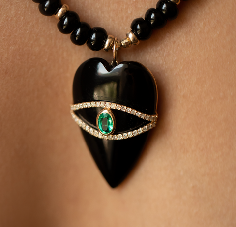 BLACK ONYX NECKLACE WITH 14K GOLD & DIAMOND PENDAN