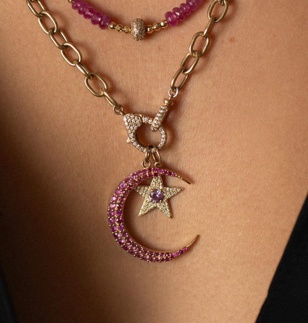 14K GOLD & PINK SAPPHIRE CRESCENT MOON