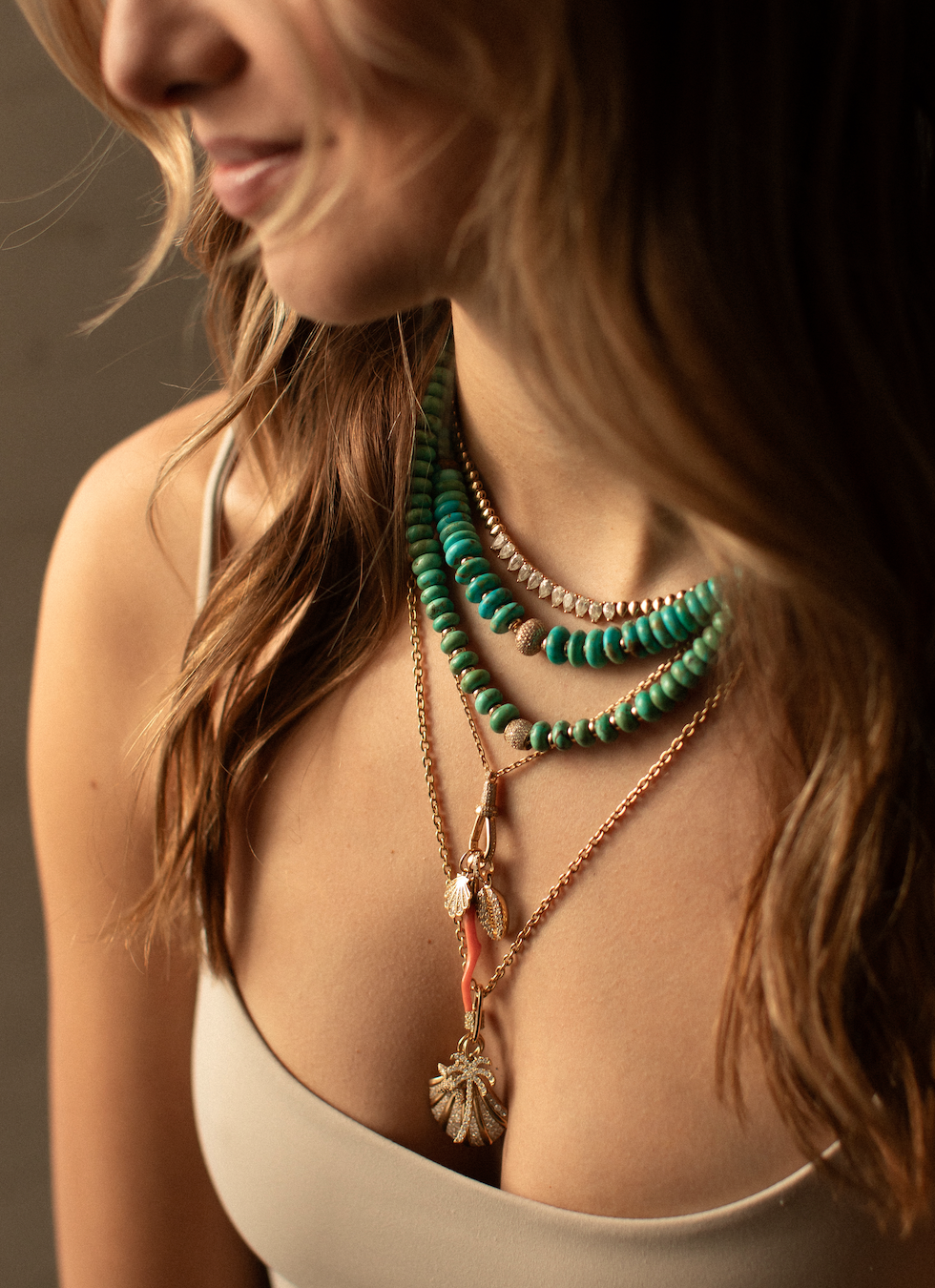 TURQUOISE & DIAMOND RONDELLE BEADED NECKLACES