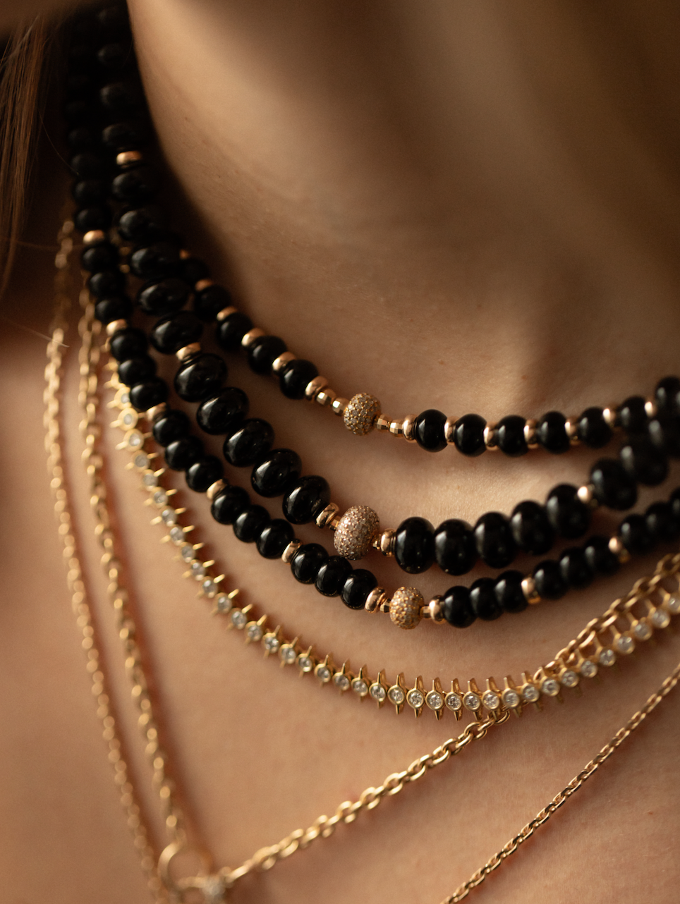 BLACK ONYX & DIAMOND BEADED NECKLACES