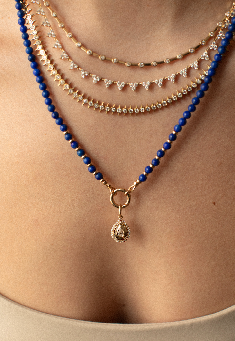 14K GOLD AND LAPIS NECKLACE WITH CHARM HOLDER