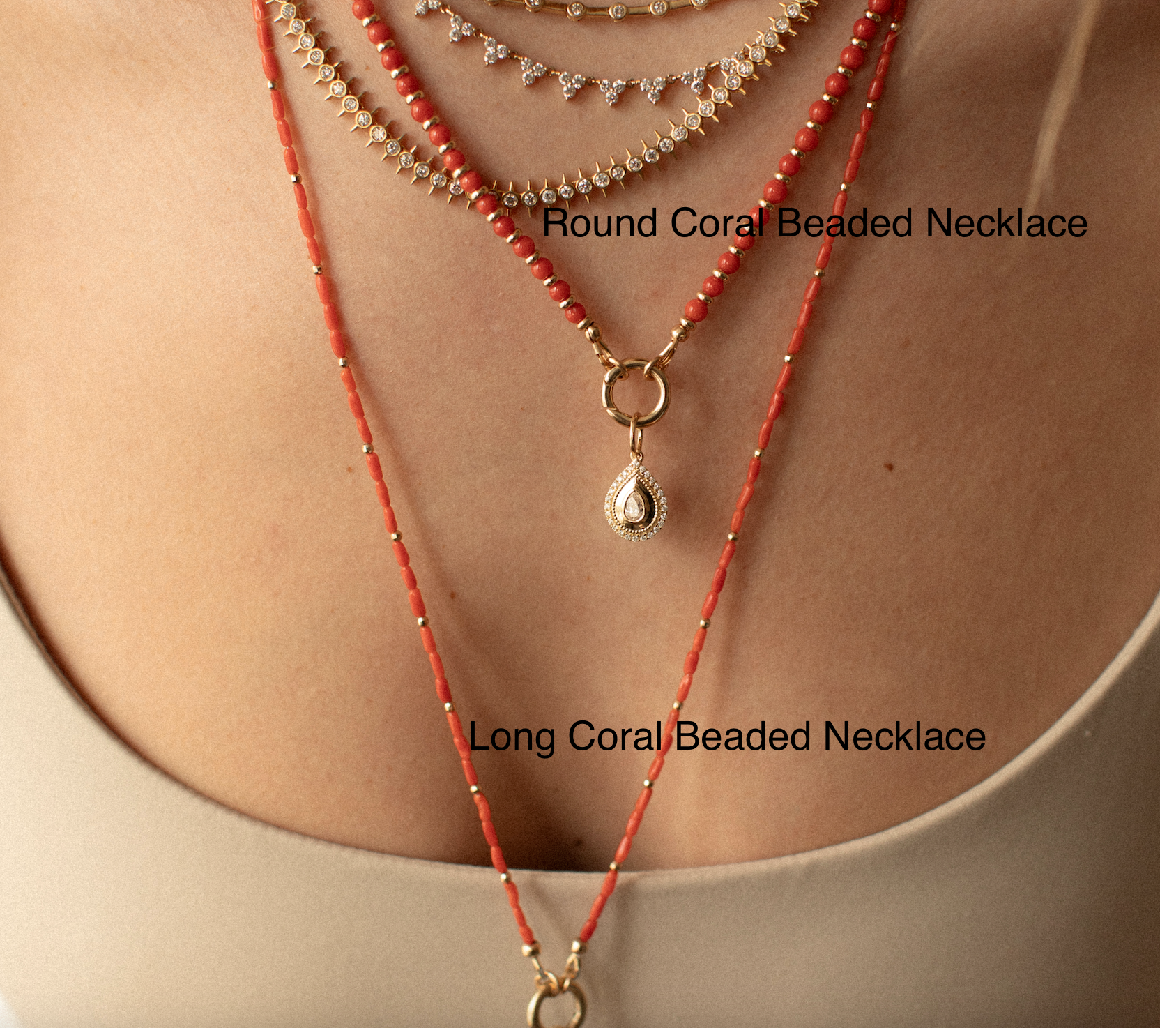 14K GOLD AND CORAL LONG BEADED NECKLACE WITH CHARM HOLDER