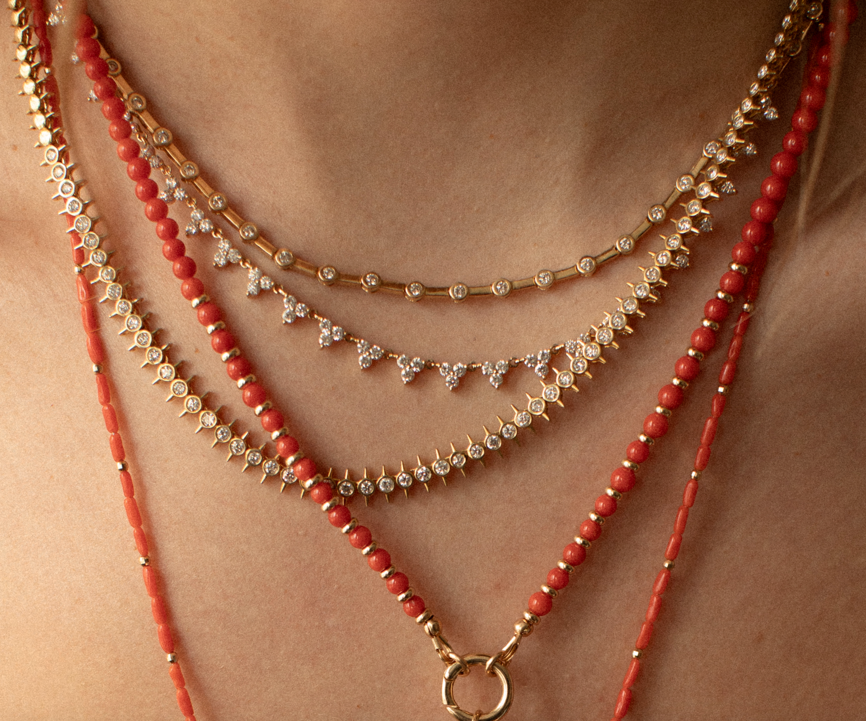 14K GOLD AND CORAL BEADED NECKLACE WITH CHARM HOLDER